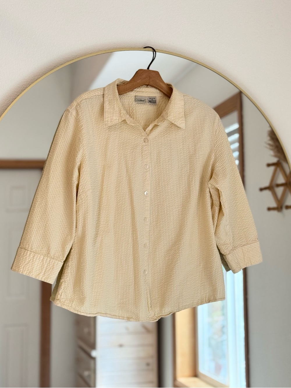 LL Bean Seersucker Butter Yellow Button Striped Coastal Top (XL) - Picture 2 of 7